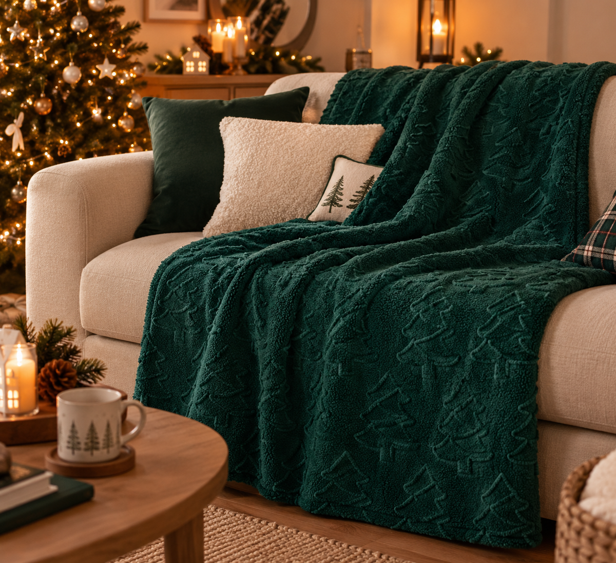 Plaid de Noël vert forêt à sapins – Précommande