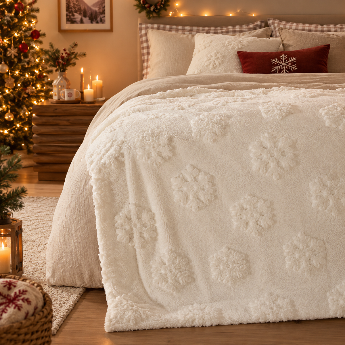 Plaid de Noël écru à flocons en relief – Précommande