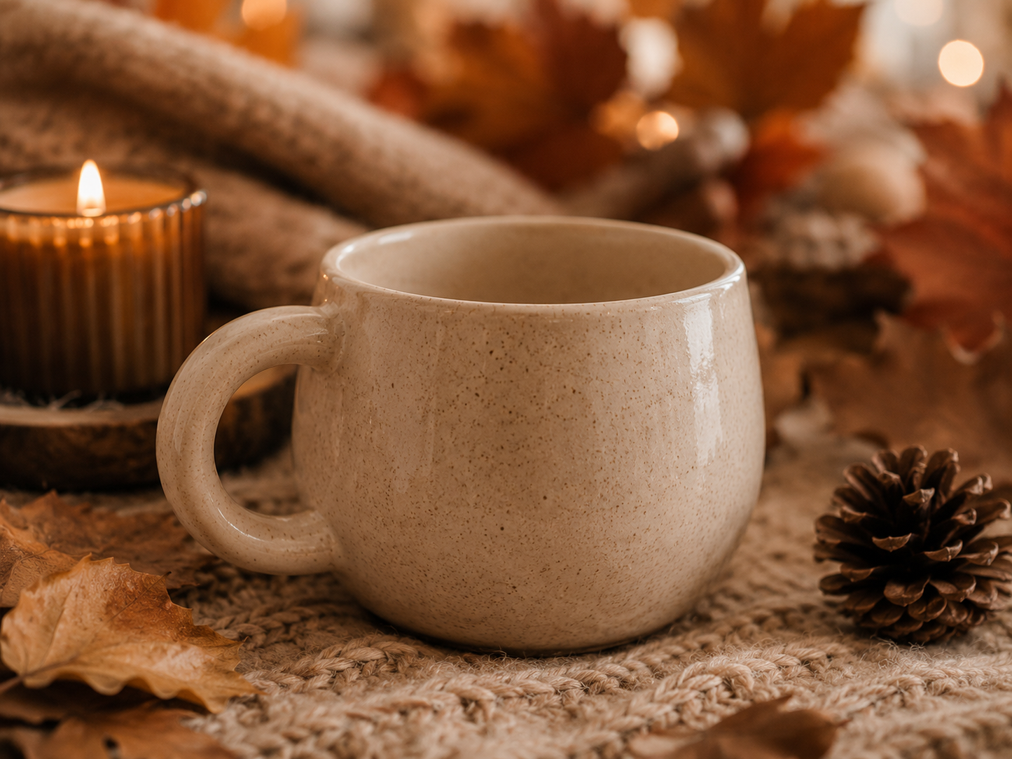 Tasse céramique Flora beige mouchetée ambiance automne bougies et pomme de pin