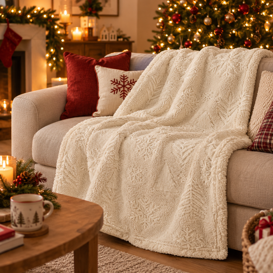Plaid de Noël écru à sapins et flocons – Précommande