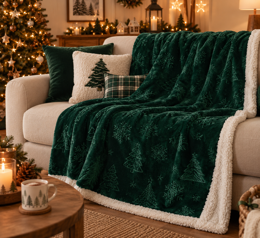 Plaid de Noël vert forêt, revers écru – Précommande