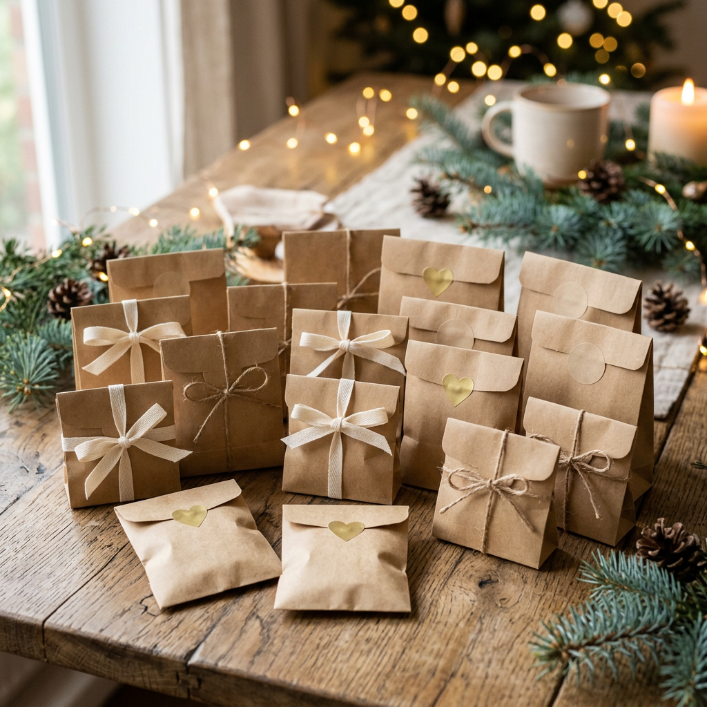 Illustration de pochettes kraft fermées dans une ambiance de Noël