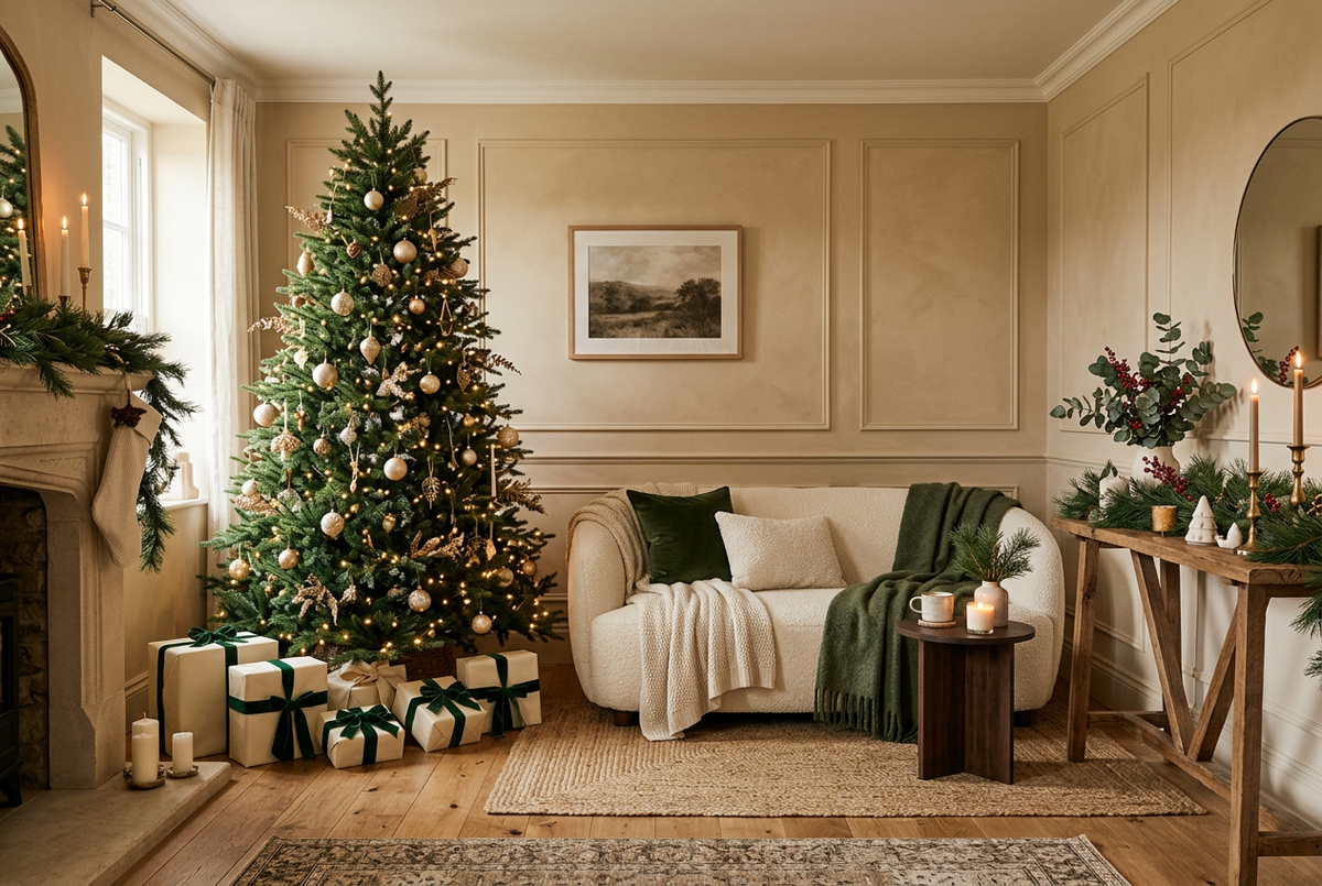 Salon de Noël chaleureux avec une composition continue, sans coupure au centre