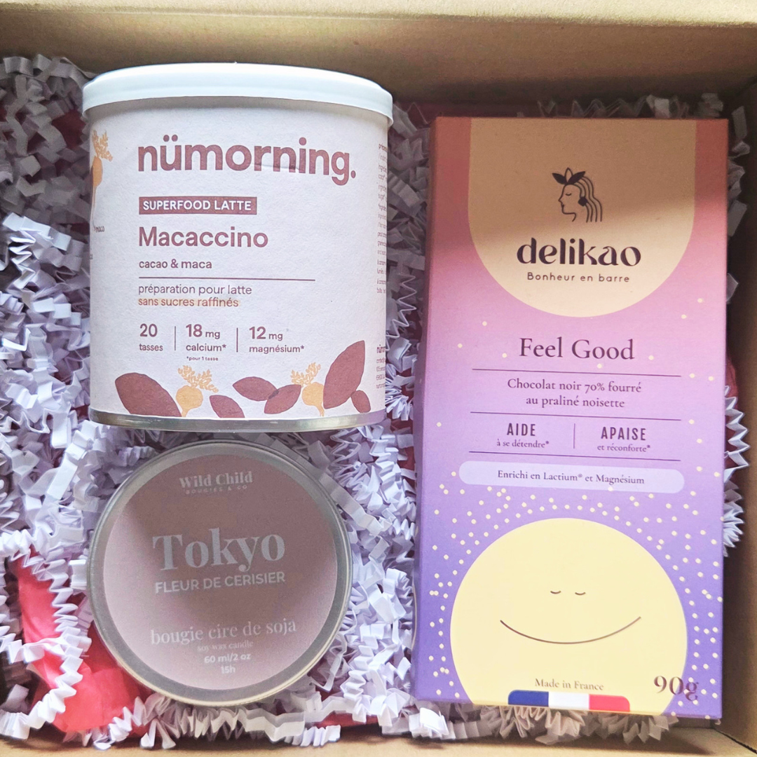 tablette de chocolat delikao feel good, bougie, boisson latte